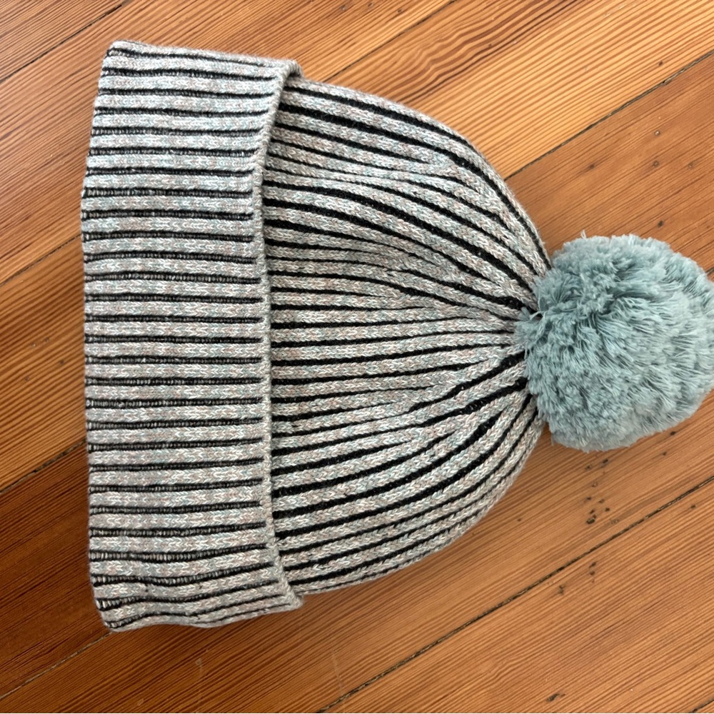 Lululemon Athletica Gray Striped Beanie with Pom-Pom